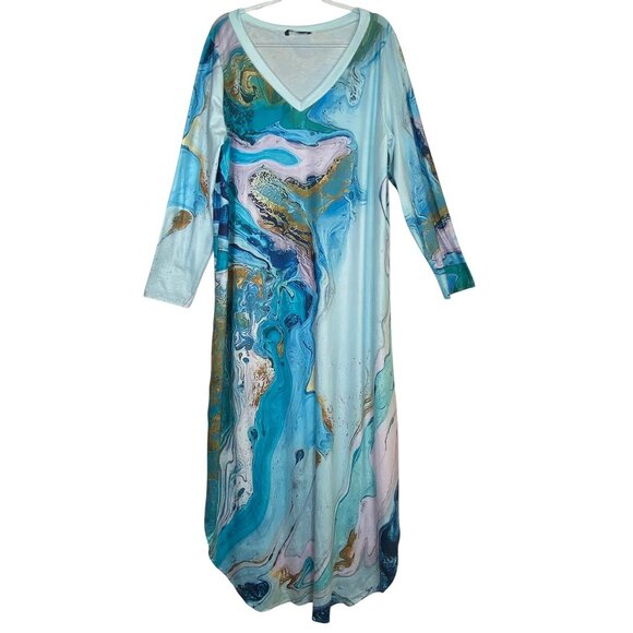 NORACORA XL Maxi Dress Marble Print Aqua Blue Gold Polyester Flowing Caftan Cute - Picture 1 of 6